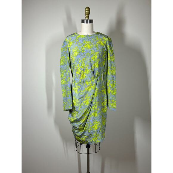 Hunter Dixon Silk Shift Dress 6 Long Sleeve Gray Colorful Gathered Draped - Picture 2 of 16